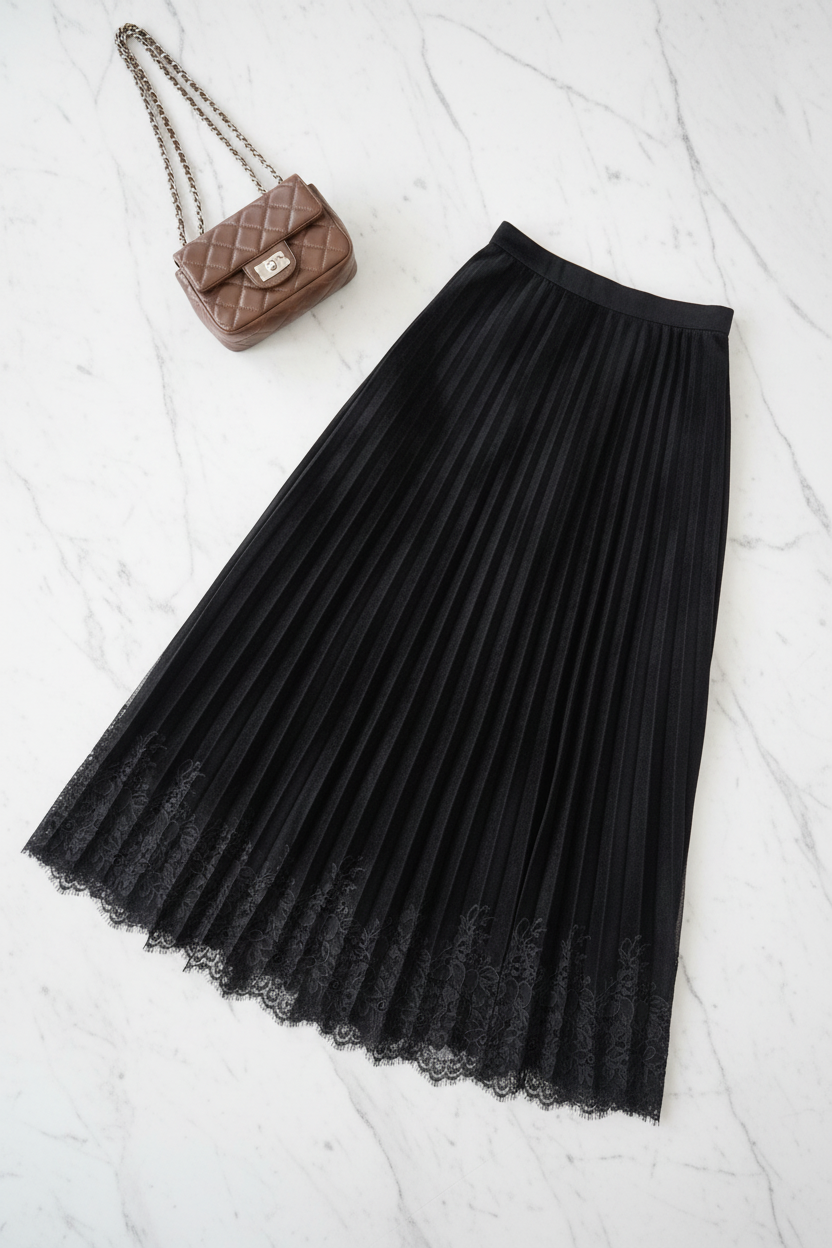 Black Velvet Lace Skirt Flat Lay