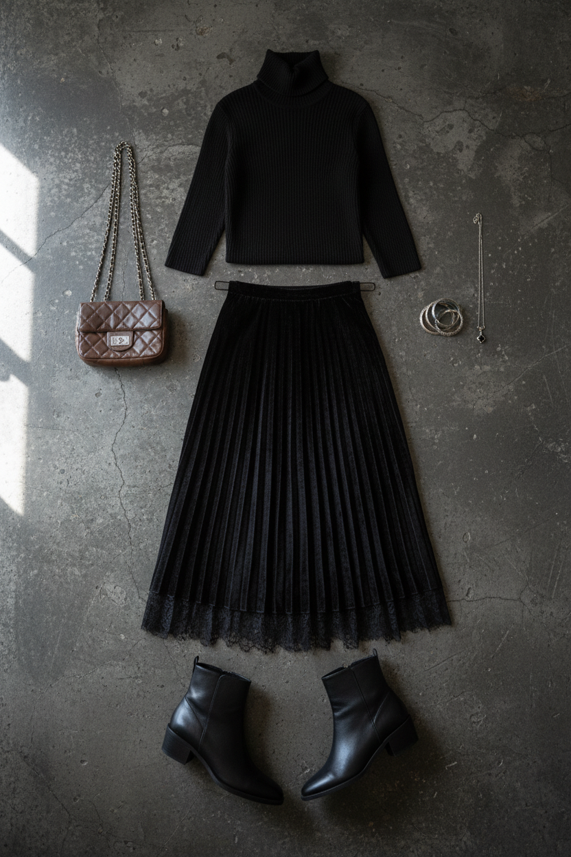 Black Velvet Skirt Outfit Flat Lay