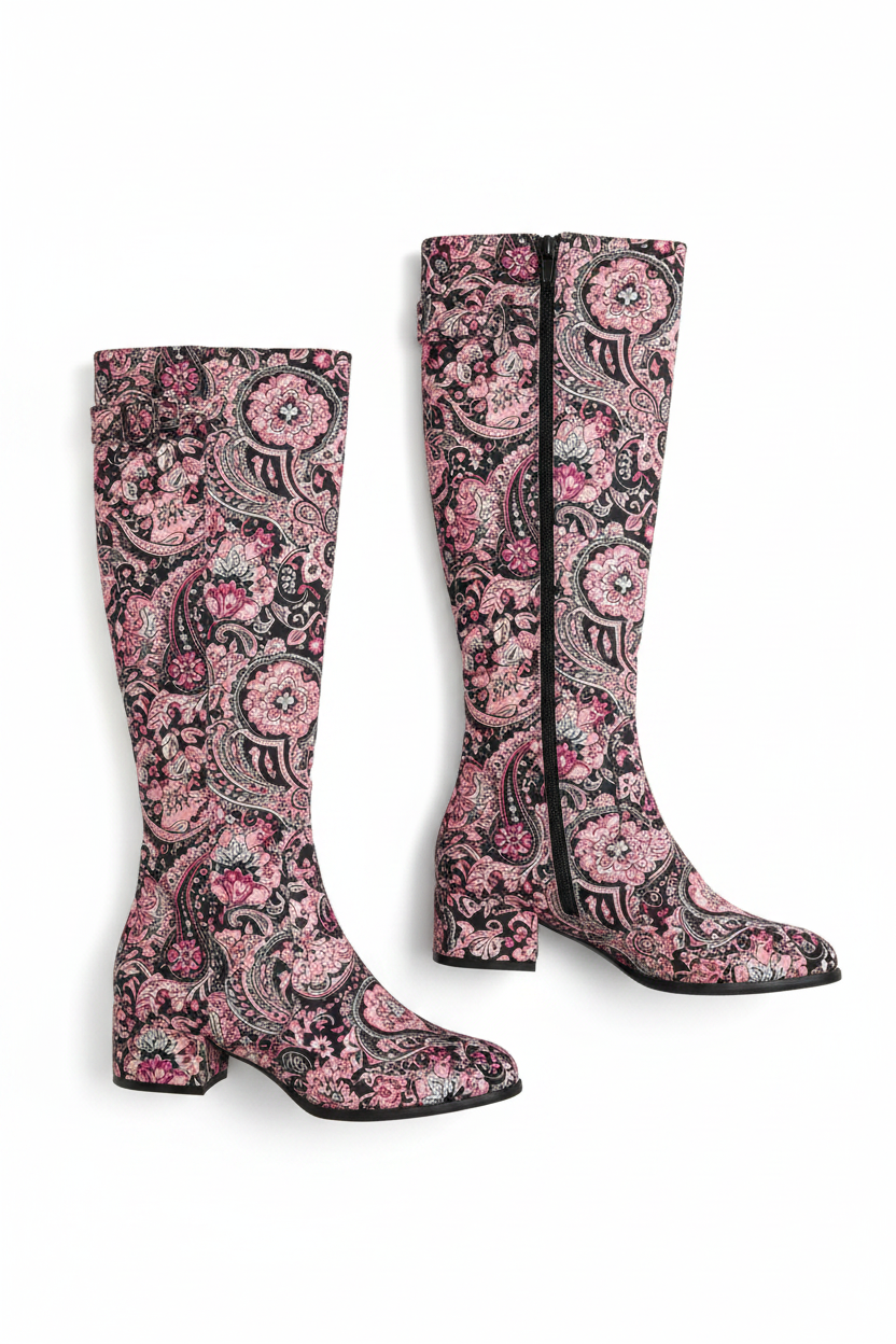 Floral paisley boots flat lay on white background