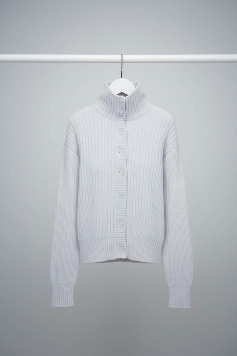 White ribbed turtleneck on hanger against grey wall