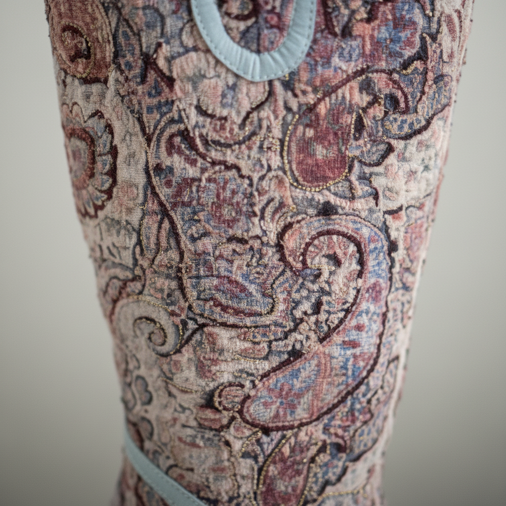 Close-up of floral paisley pattern on boots
