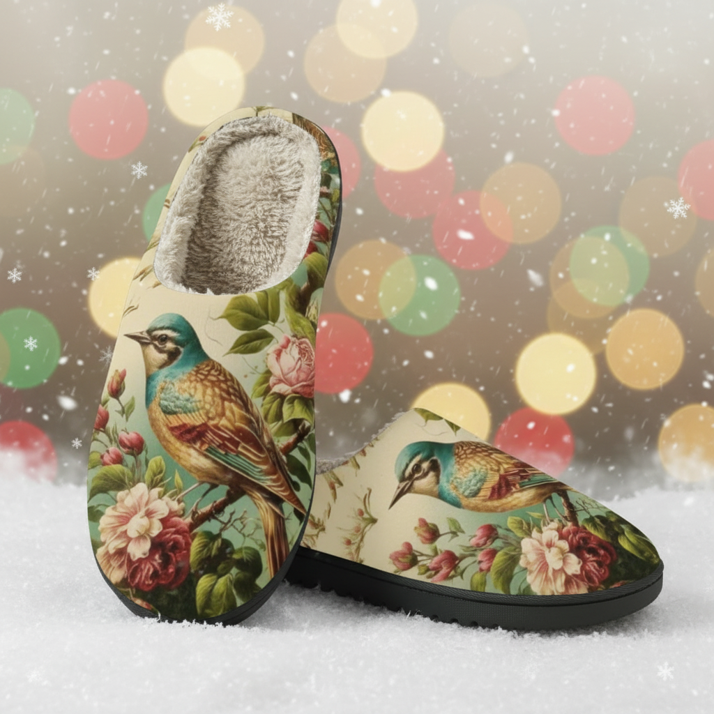 Christmas botanical bird slippers on snowy white background with festive bokeh lights