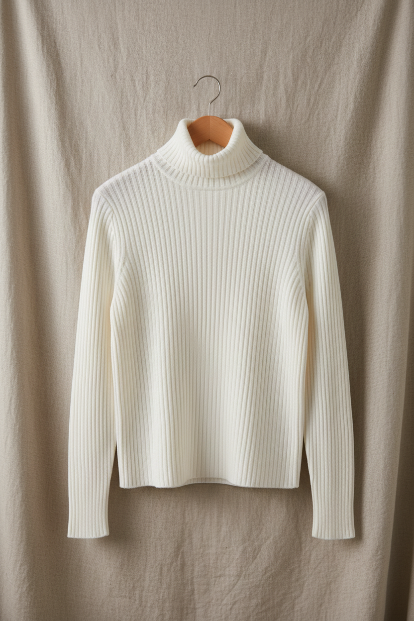 White ribbed turtleneck on wooden hanger against linen background