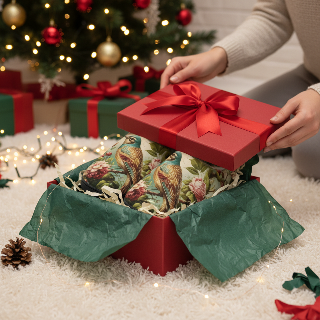 Christmas botanical bird slippers in gift box with red ribbon