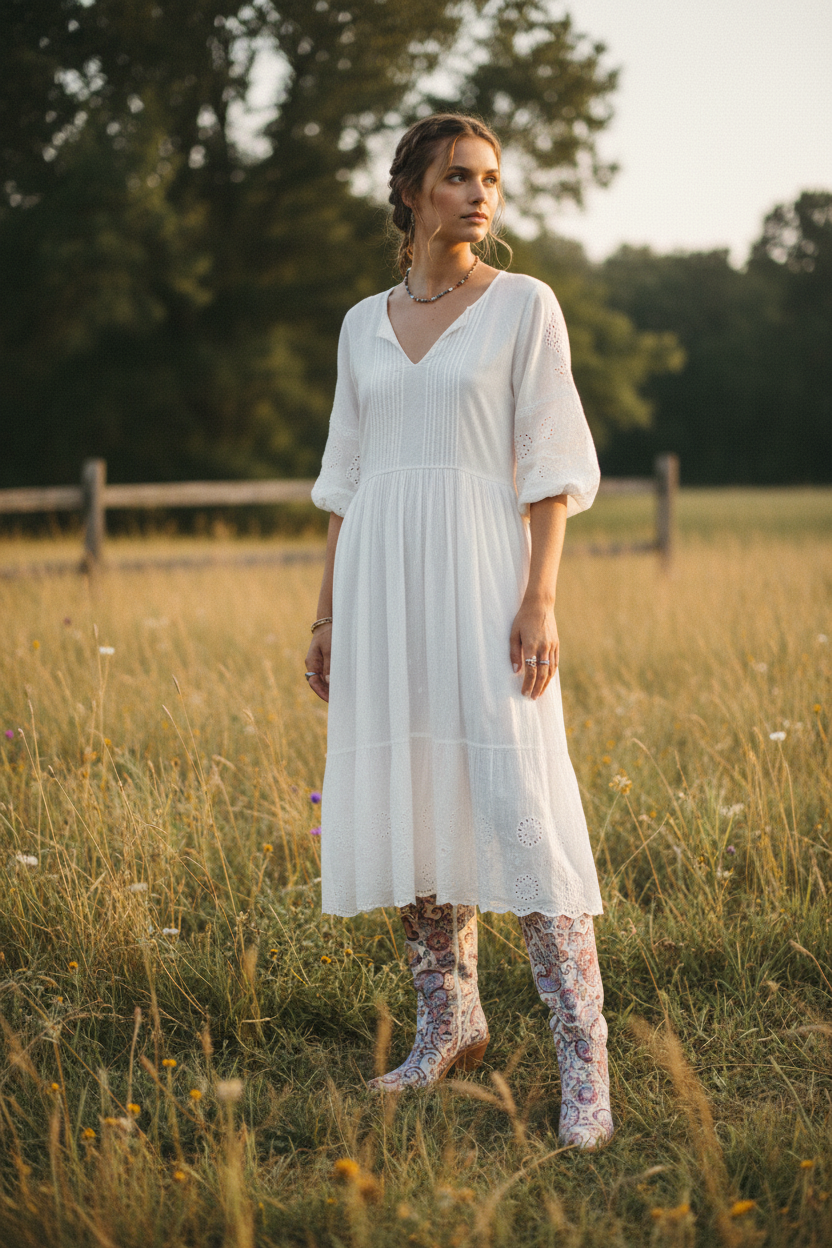 Floral paisley boots styled with white dress