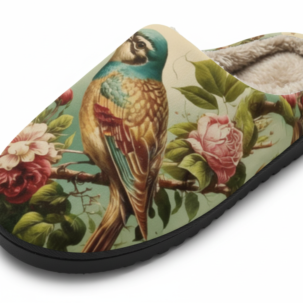 Close-up detail of Christmas botanical bird slippers showing vintage bird print and faux fur lining