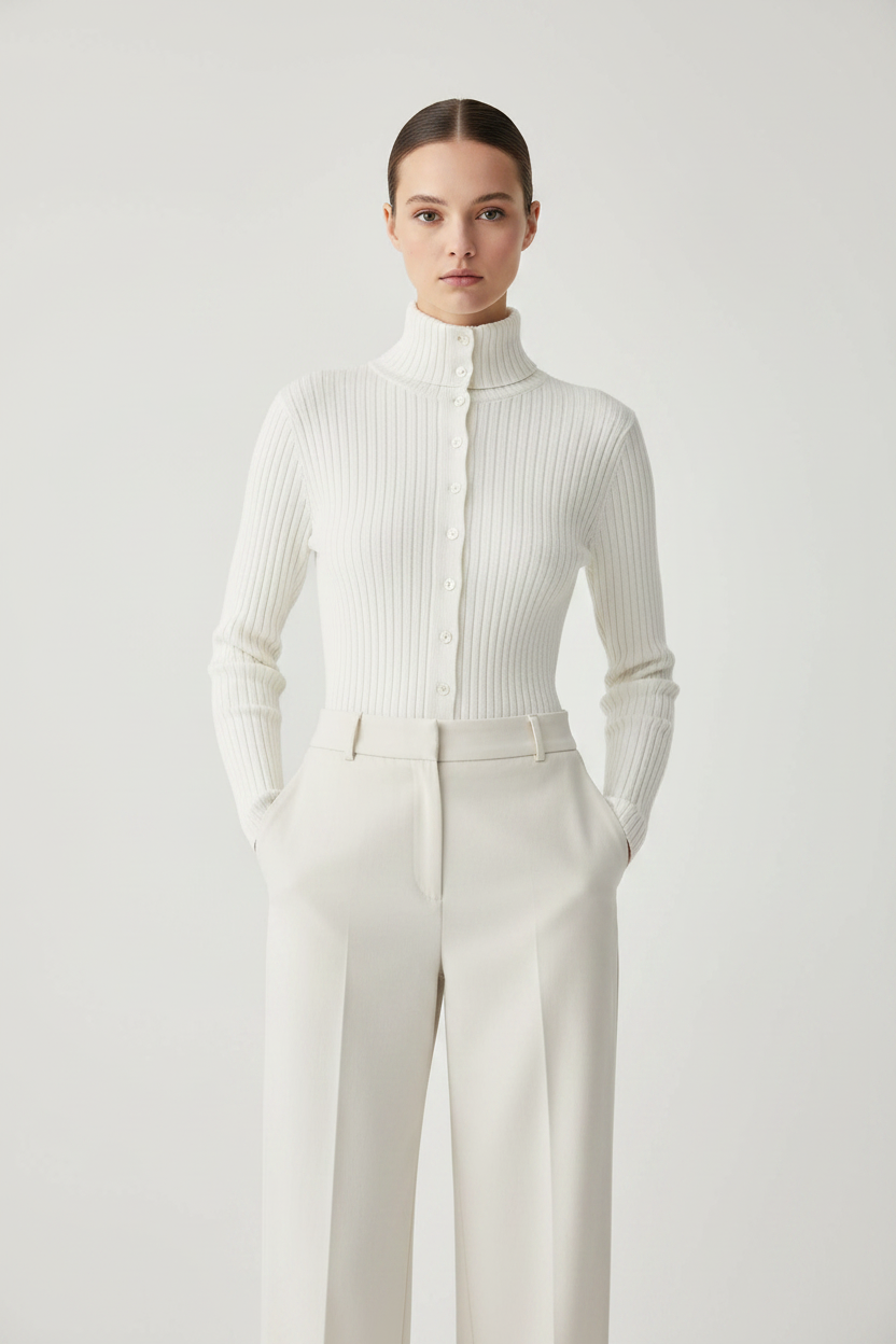 White ribbed turtleneck sweater styled on model
