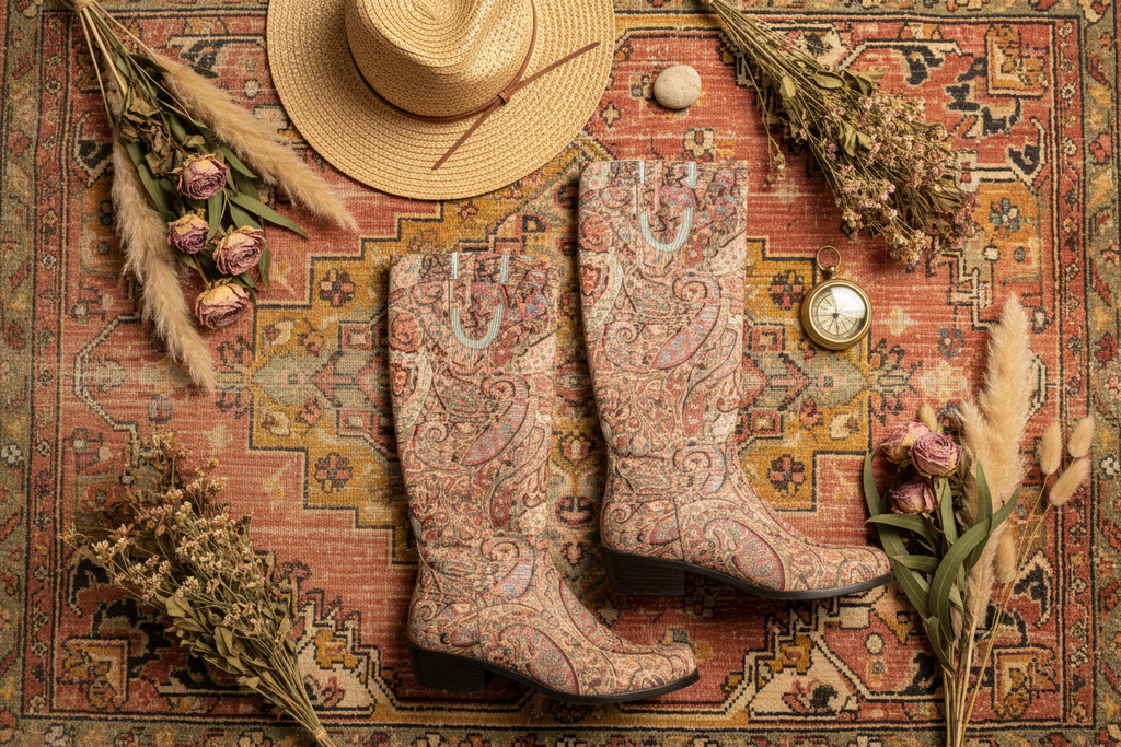 Floral paisley boots on vintage rug with dried flowers