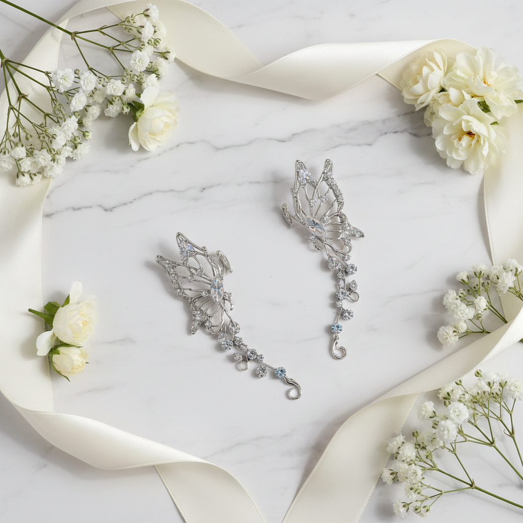 Crystal butterfly ear cuff flat lay on marble with flowers