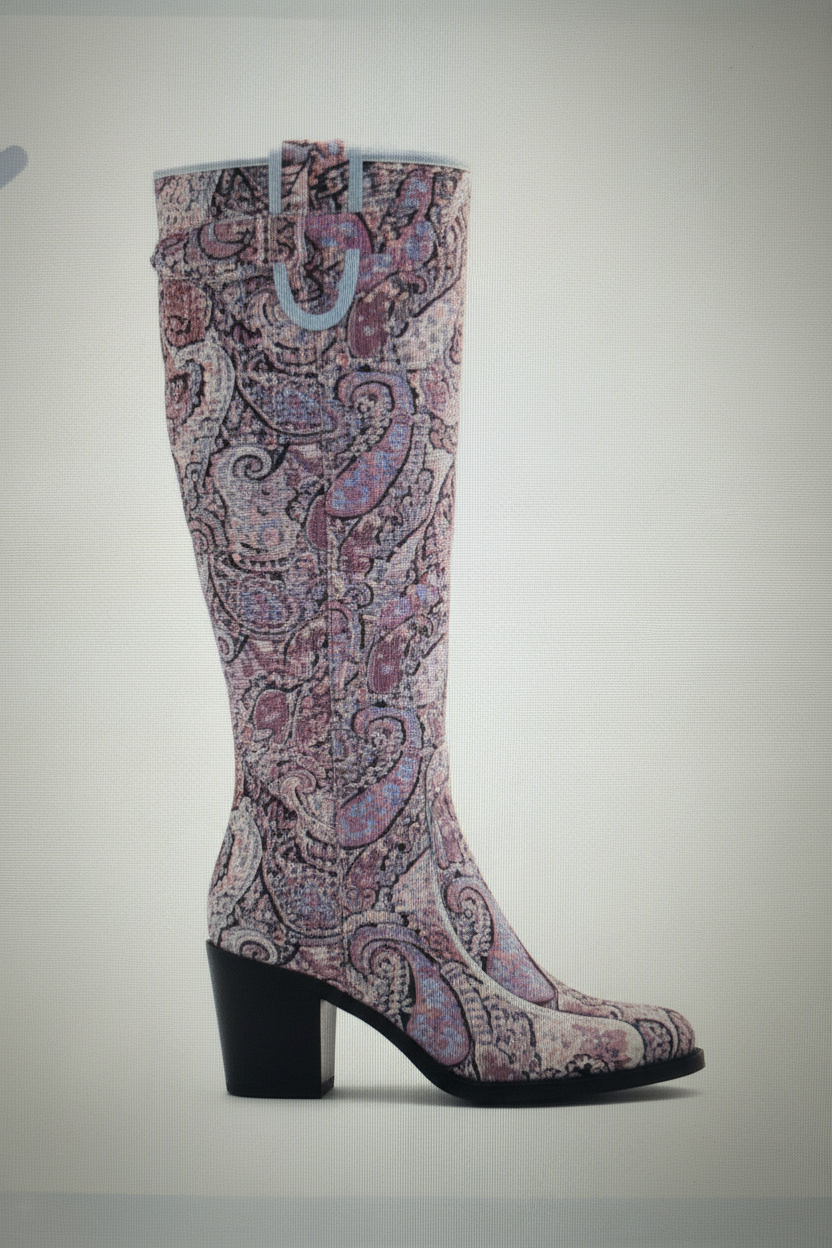 Side profile of floral paisley tall boots