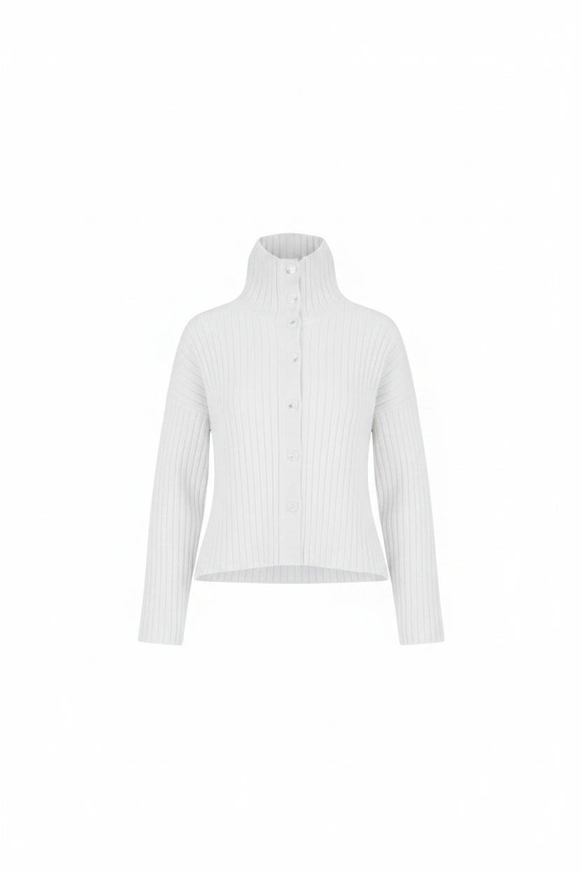 White ribbed turtleneck sweater flat lay on white background