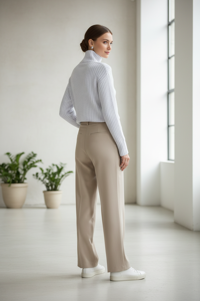 White ribbed turtleneck sweater styled on model