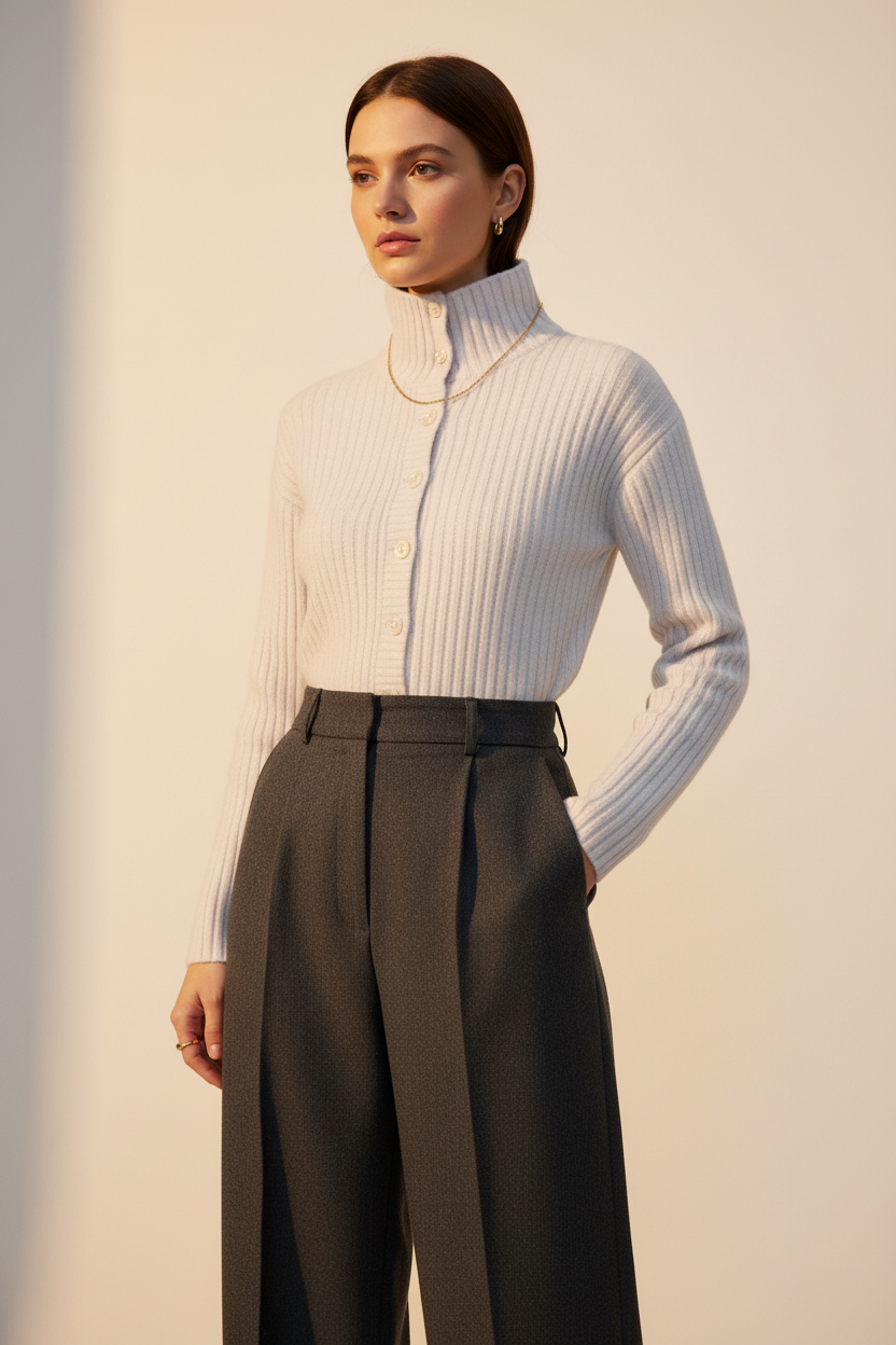 White turtleneck styled with wide-leg trousers and gold jewellery