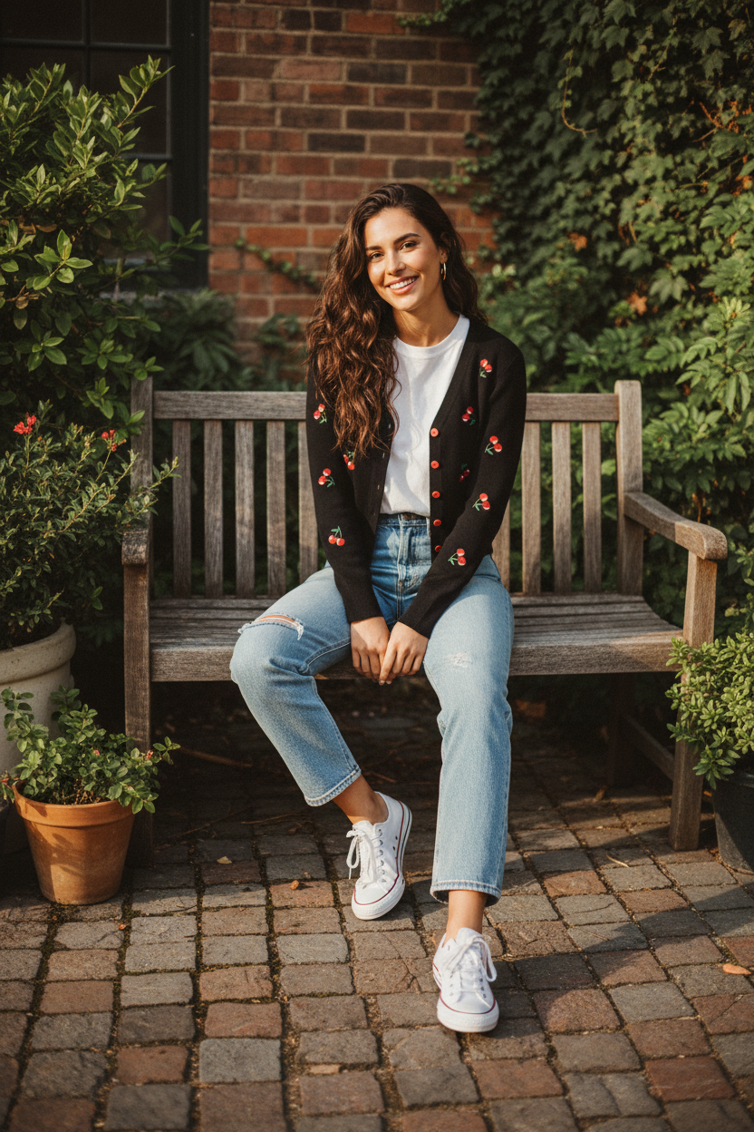 Black cherry cardigan styled on model