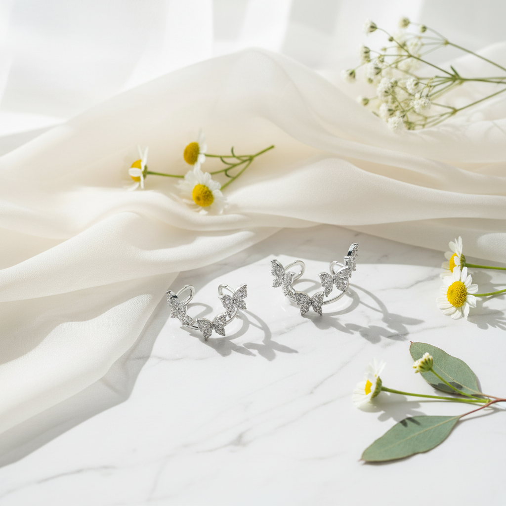Butterfly ear cuff flat lay on marble with flowers