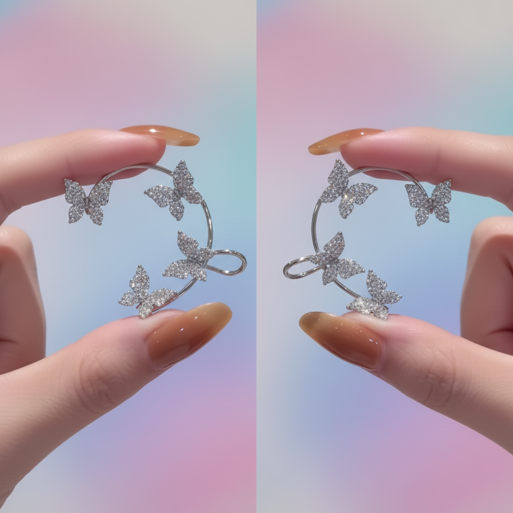 Butterfly ear cuff set held in hand, pastel background