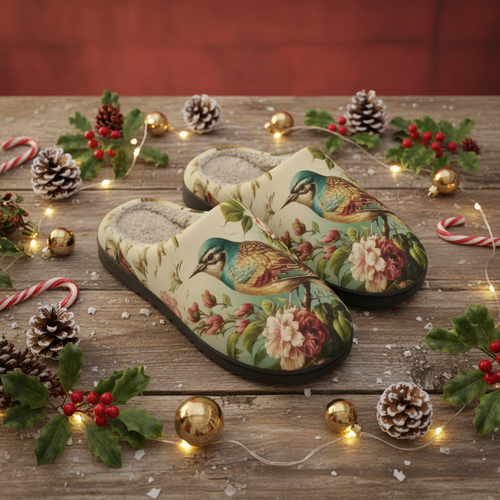 Christmas botanical bird slippers flat lay with pine cones and holly decorations