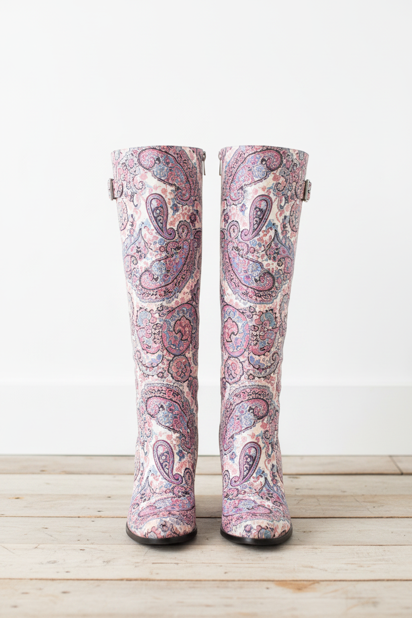 Floral paisley boots standing on wooden floor
