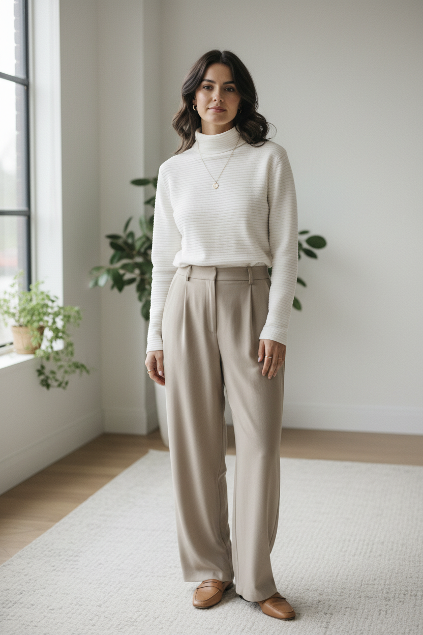 White turtleneck styled with wide-leg trousers and gold jewellery