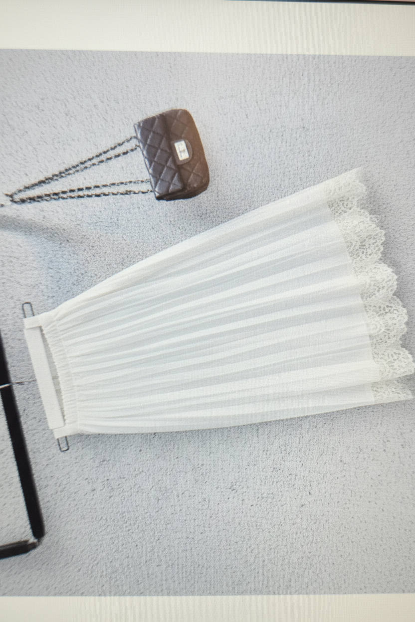 White Pleated Velvet Lace Midi Skirt